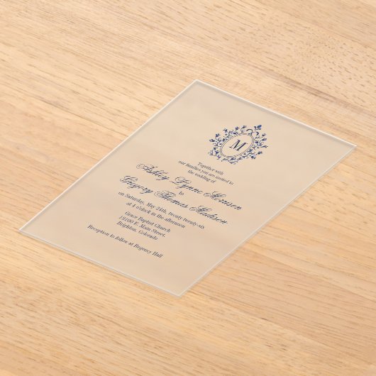 Navy Blue Monogram Acrylic Wedding Invitation Acryl Uitnodigingen (Laagn)