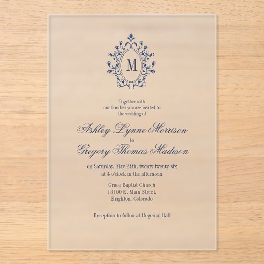 Navy Blue Monogram Acrylic Wedding Invitation Acryl Uitnodigingen (Voorkant)