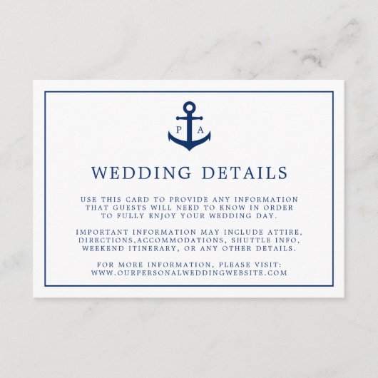 Navy Blue Monogram Anchor Nautical Wedding Informatiekaartje (Voorkant)