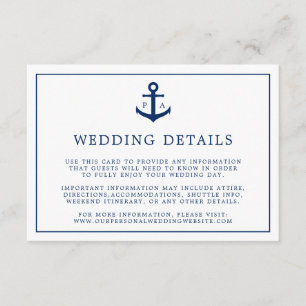 Navy Blue Monogram Anchor Nautical Wedding Informatiekaartje