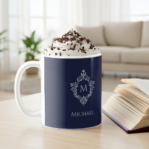 Navy Blue Monogram  Antiek Crest & Naam Koffiemok