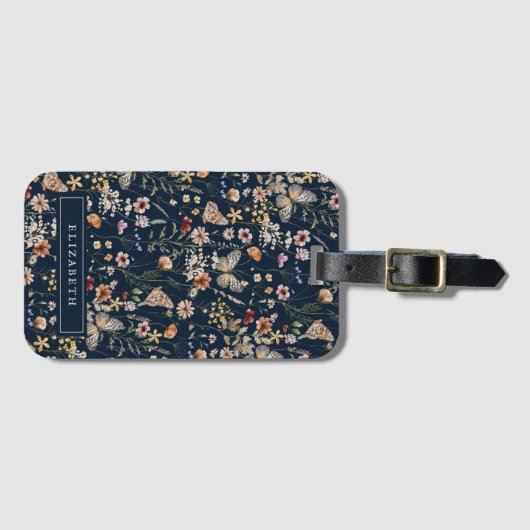 Navy Blue Monogram Bloemen Bagagelabel (Voorkant (horizontaal))