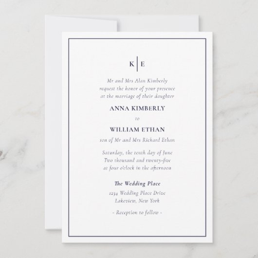 Navy Blue Monogram - Bride Wedding Invitations Kaart (Voorkant)