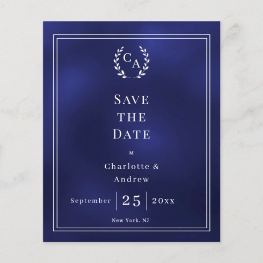 Navy blue monogram budget wedding Save the Date  Flyer (Voorkant)