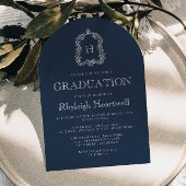 Navy Blue Monogram Crest Arch Graduation Party Kaart