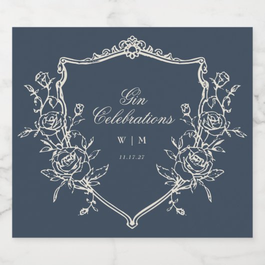 Navy Blue Monogram Crest Classic Elegant Wedding Likeurfles Etiket (Enkel label)
