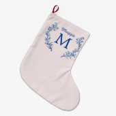 Navy Blue Monogram Crest op Blush Pink Grote Kerstsok (Voorkant (Hangend))