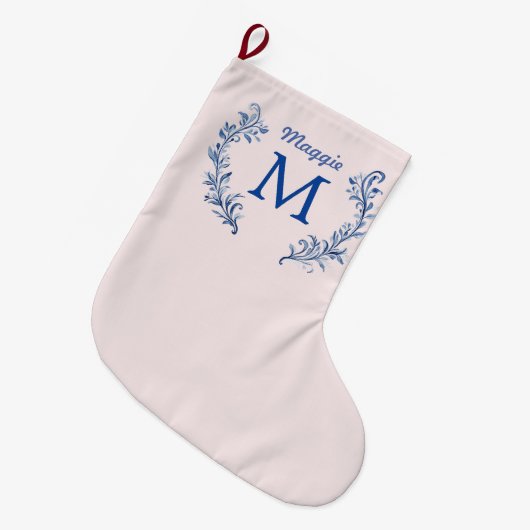 Navy Blue Monogram Crest op Blush Pink Grote Kerstsok (Voorkant (Hangend))