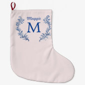 Navy Blue Monogram Crest op Blush Pink Grote Kerstsok (Voorkant)
