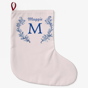 Navy Blue Monogram Crest op Blush Pink Grote Kerstsok