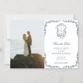 Navy Blue Monogram  Crest Sla de datum op Magnetische Uitnodiging (Voorkant)