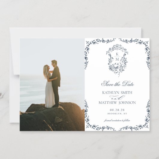 Navy Blue Monogram  Crest Sla de datum op Magnetische Uitnodiging (Voorkant)