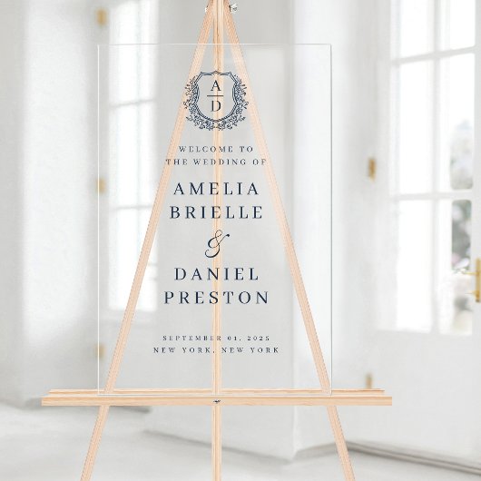 Navy Blue Monogram Crest Wedding Welkomstbord Acryl Bord