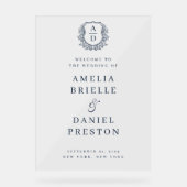 Navy Blue Monogram Crest Wedding Welkomstbord Acryl Bord (Voorkant)