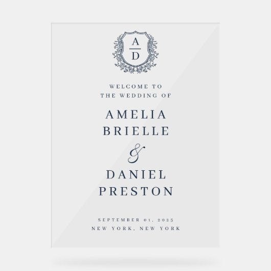 Navy Blue Monogram Crest Wedding Welkomstbord Acryl Bord (Voorkant)