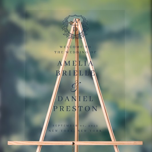 Navy Blue Monogram Crest Wedding Welkomstbord Acryl Bord (Neutraal)