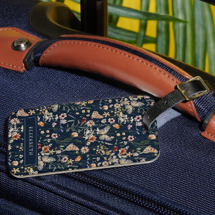 Navy Blue Monogram Floral Bagagelabel