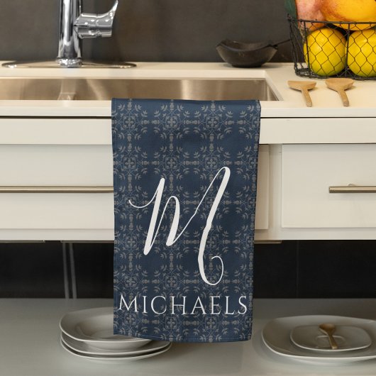 Navy Blue Monogram Gepersonaliseerd Theedoek