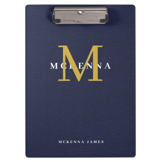 Navy Blue Monogram Gold Initiaal Faux Leather Klembord (Voorkant)
