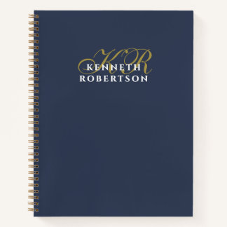 Navy Blue Monogram Gold White Minimalist Men Chic Notitieboek