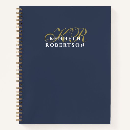 Navy Blue Monogram Gold White Minimalist Men Chic Notitieboek (Voorkant)