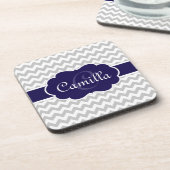 Navy Blue Monogram Gray Chevron Pattern Bier Onderzetter (Linkerzijde)