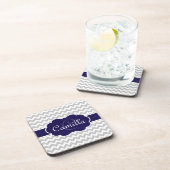 Navy Blue Monogram Gray Chevron Pattern Bier Onderzetter (Rechterzijde)