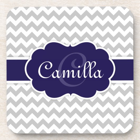 Navy Blue Monogram Gray Chevron Pattern Bier Onderzetter (Voorkant)
