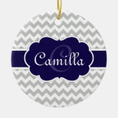 Navy Blue Monogram Gray Chevron Pattern Keramisch Ornament (Voorkant)