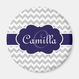 Navy Blue Monogram Gray Chevron Pattern Magneet