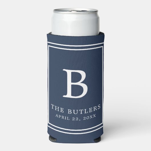 Navy Blue Monogram Huwelijk Seltzer Koelbox Blikjeskoeler (Seltzer Voorkant)