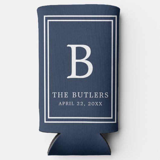 Navy Blue Monogram Huwelijk Seltzer Koelbox Seltzer Blikjeskoeler (Voorkant)