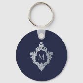 Navy Blue Monogram Initiaal in   Crest Sleutelhanger (Voorkant)