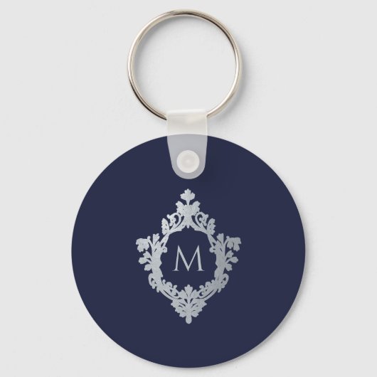 Navy Blue Monogram Initiaal in Crest Sleutelhanger (Voorkant)