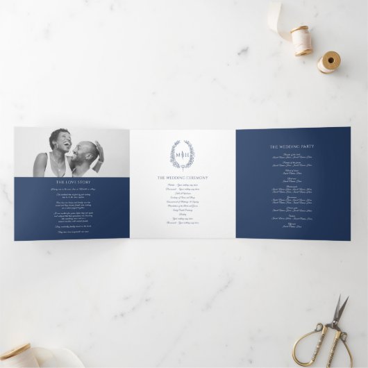 Navy blue monogram met grote verdiepingen bruiloft drieluik programma (Binnen)