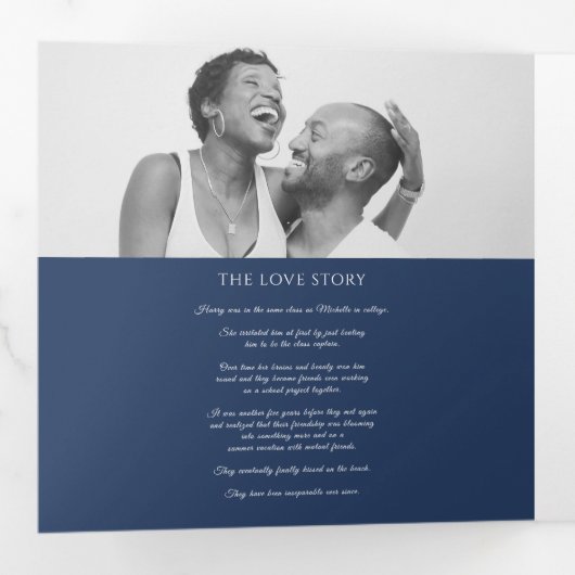 Navy blue monogram met grote verdiepingen bruiloft drieluik programma (Binnenzijde eerst)