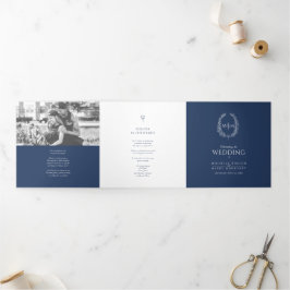 Navy blue monogram met grote verdiepingen bruiloft drieluik programma