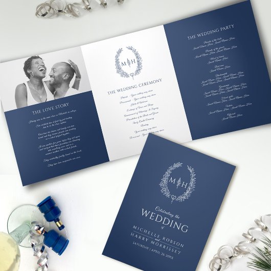 Navy blue monogram met grote verdiepingen bruiloft drieluik programma