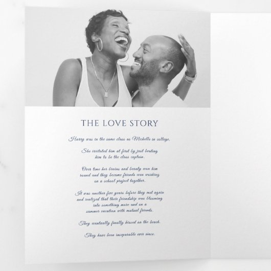 Navy blue monogram met grote verdiepingen bruiloft drieluik programma (Binnenzijde eerst)