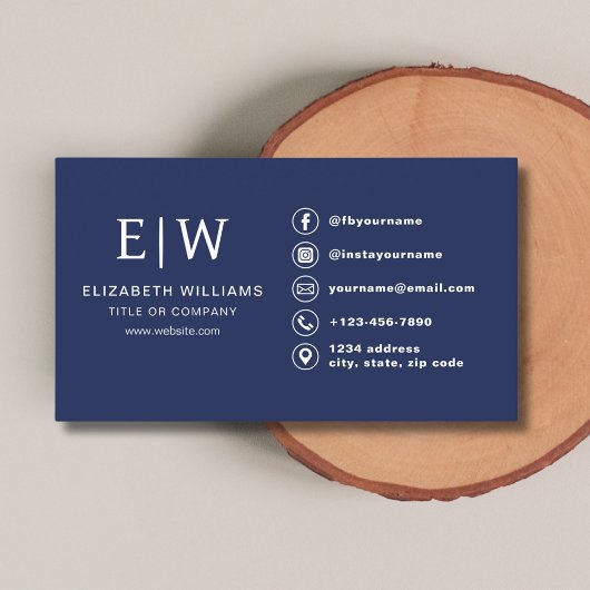 Navy Blue Monogram Minimalistische Social Media Ic Visitekaartje