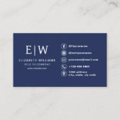 Navy Blue Monogram Minimalistische Social Media Ic Visitekaartje (Voorkant)