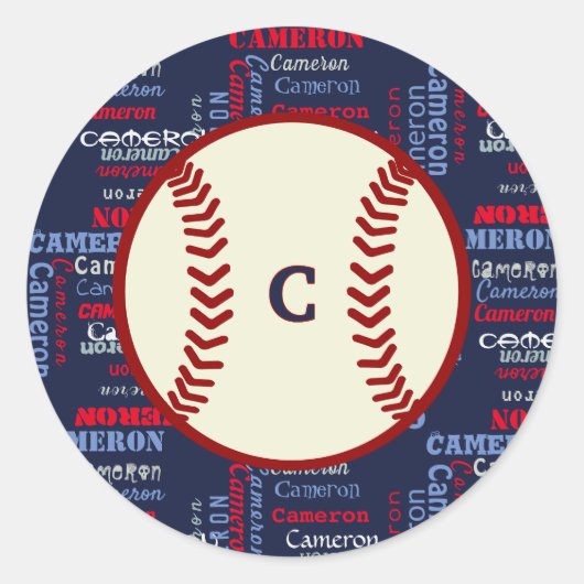 Navy Blue Monogram Naam Gifts Kinder boys baseball Ronde Sticker (Voorkant)