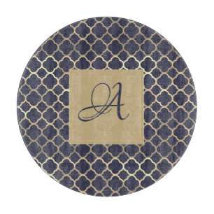 Navy Blue Monogram Quatrefoil Passen getrouwd Wedd Snijplank