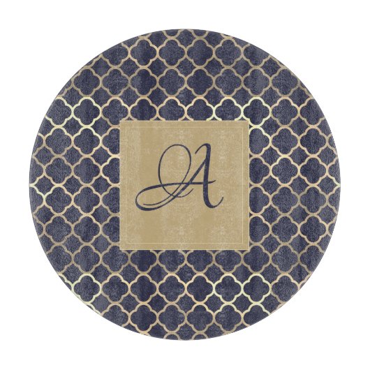Navy Blue Monogram Quatrefoil Passen getrouwd Wedd Snijplank (Voorkant)