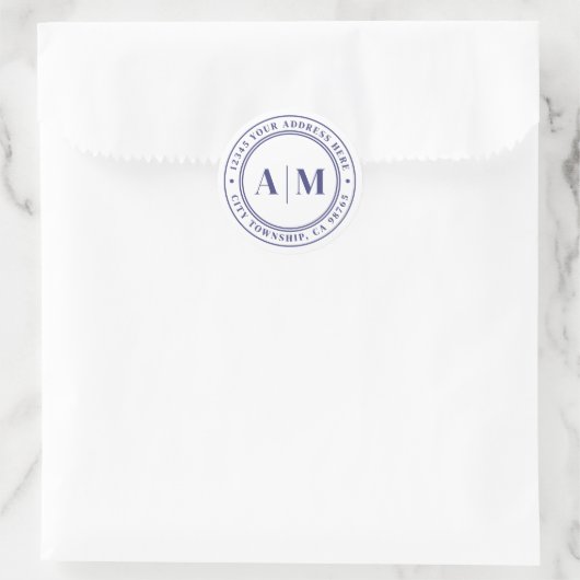 Navy Blue Monogram Return Address Ronde Sticker (Tas)