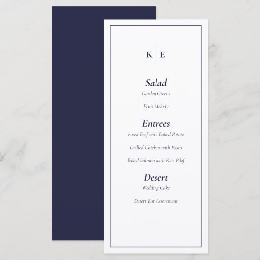 Navy Blue Monogram Weddenningkaart Menu (Voorkant / Achterkant)