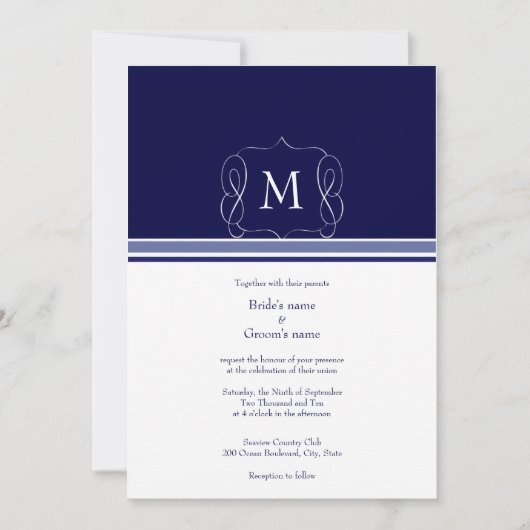 Navy Blue Monogram Wedding Invitations Kaart (Voorkant)