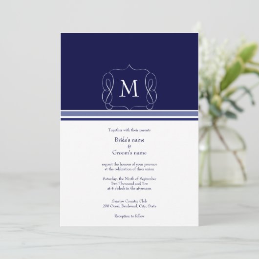Navy Blue Monogram Wedding Invitations Kaart (Staand voorkant)