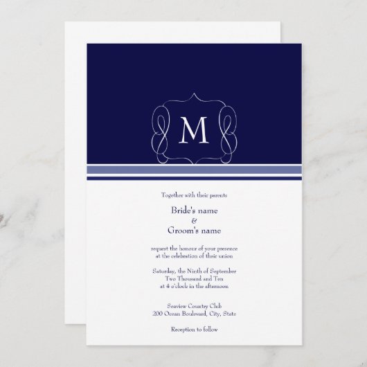 Navy Blue Monogram Wedding Invitations Kaart (Voorkant / Achterkant)