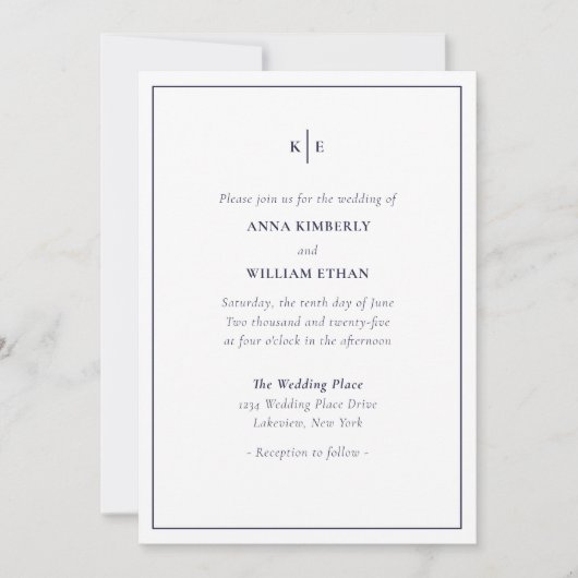 Navy Blue Monogram Wedding Invitations Kaart (Voorkant)